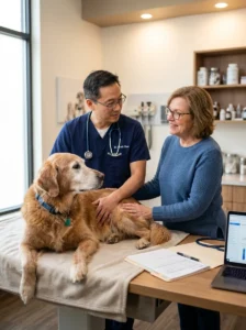 Senior Golden Retriever receiving veterinary care for digestive concerns.