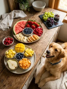 Quick reference guide to safe and unsafe fruits for dogs.