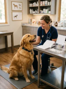 Adult Golden Retriever receiving routine vaccination care.