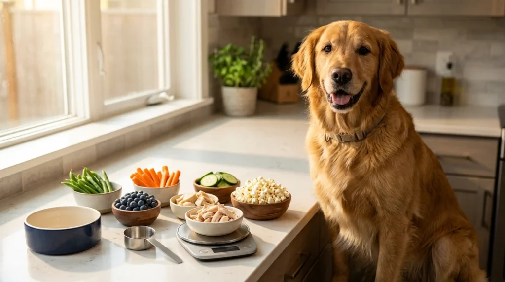 Golden Retriever beside healthy low-calorie dog treats for weight management.
