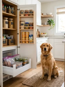 Dog-care pantry stocked with rice, chicken, pumpkin and other safe ingredients.
