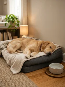 Comfortable quiet sleep environment for a dog.