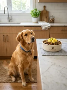 Cooked egg used as an addition to balanced dog food.