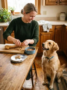 Breaking dog treats into smaller portions for weight management.