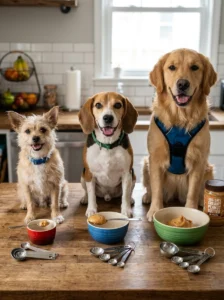 Appropriate peanut butter portions for dogs of different sizes.