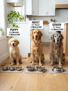 Feeding frequency changes as dogs grow older.