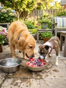 Frozen watermelon and blueberries as refreshing dog treats in hot weather.