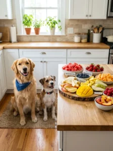 Dog-safe fruits including watermelon, strawberries, blueberries, banana and apples.