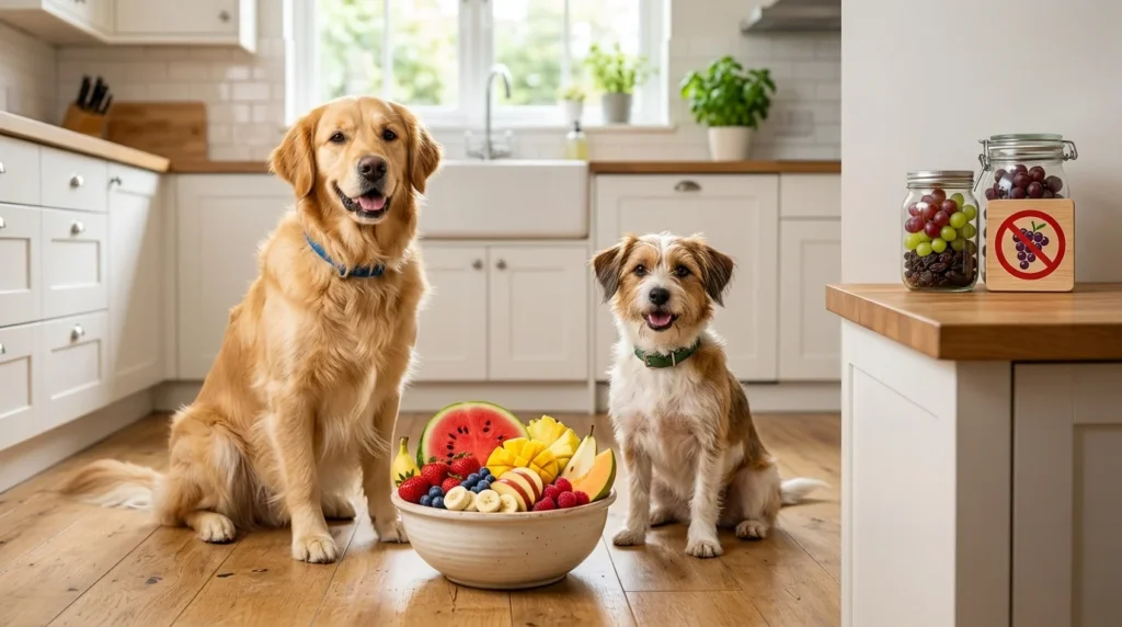 Dogs beside a selection of safe and unsafe fruits for dogs.