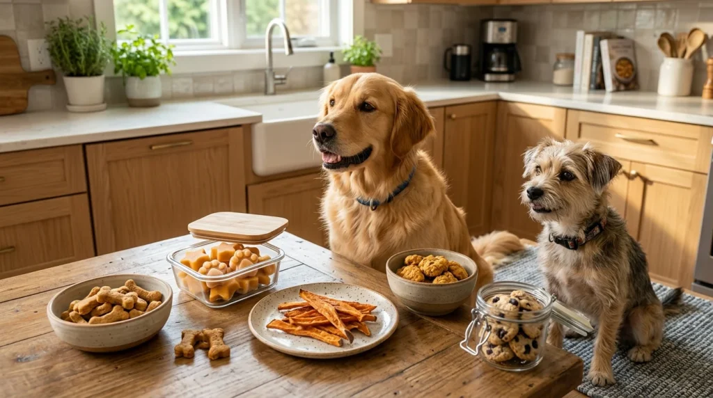 Homemade dog treats including peanut butter, pumpkin, sweet potato, chicken, and blueberry treats.