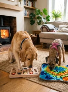 Using safe fruit pieces for dog enrichment activities.