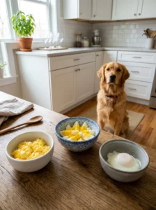 Plain fully cooked eggs prepared safely for dogs.