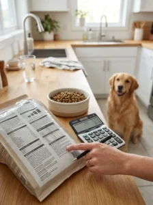Examining the guaranteed analysis on a dog food label.
