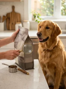Checking the nutritional adequacy statement on a dog food label.