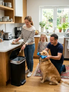 Family following safe bone handling rules for dogs.