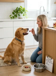 Introducing small portions of fruit safely to a dog.