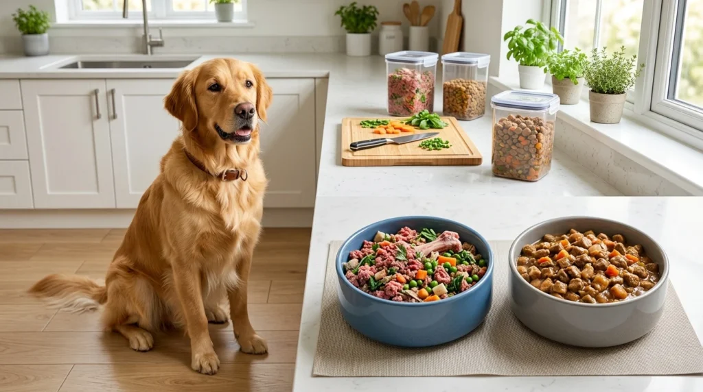 Golden Retriever beside raw and commercial dog food options.