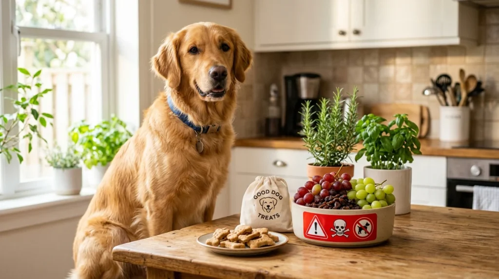 Golden Retriever beside grapes and raisins marked as dangerous foods for dogs.