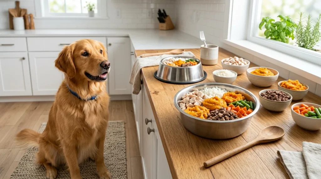 Healthy homemade dog food recipes prepared with fresh ingredients.