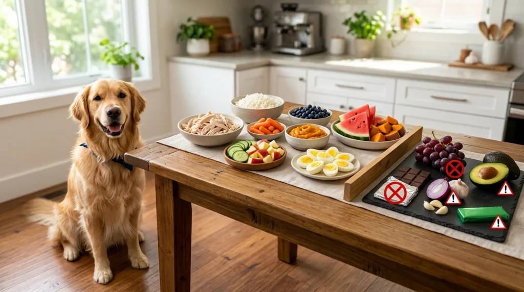 Safe and unsafe human foods displayed beside a healthy Golden Retriever.