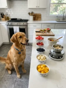 Measuring fruit portions for a dog's weight management.