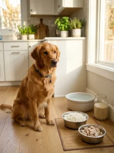 Golden Retriever beside plain cooked white rice and chicken.