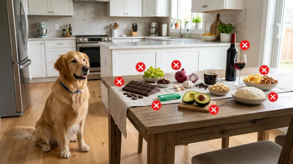 Dangerous foods that are toxic to dogs displayed beside a Golden Retriever.