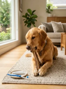 Golden Retriever using a dental chew as a supplement to brushing.