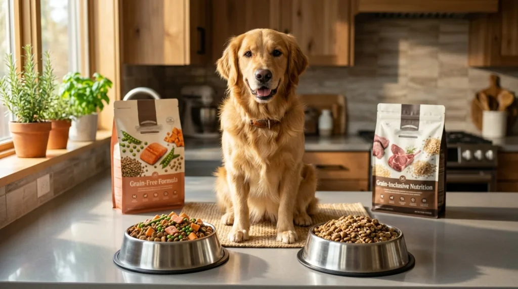 Golden Retriever beside grain-free and grain-inclusive dog food for comparison.