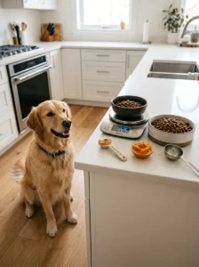 Measuring peanut butter portions for a dog's weight management plan.