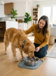 Golden Retriever drinking water while being monitored for dehydration.