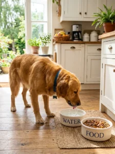 Dog drinking water alongside a wet food meal.