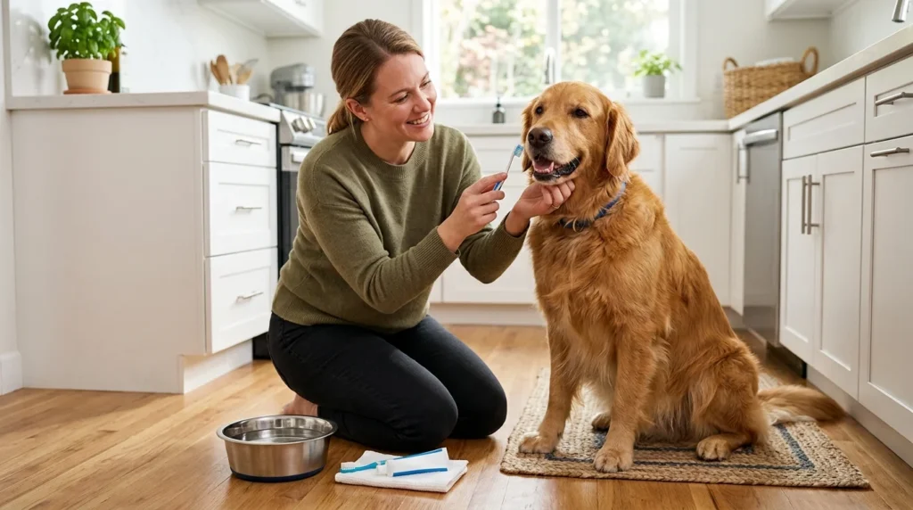Golden Retriever having its teeth checked during a home dental care routine.