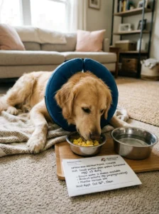 Plain cooked egg offered to a dog recovering from illness.