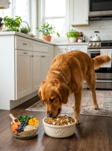Healthy dog eating balanced grain-inclusive food.