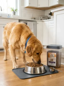 Dog eating dry kibble in a modern kitchen.