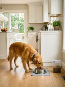 Adult dog eating a consistent two-meal daily schedule.