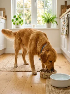 Healthy dog showing signs of a successful food transition.