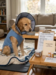 Adjusted feeding schedule for a dog recovering from illness or surgery.