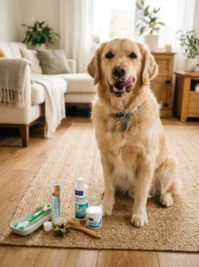 Dog dental care after eating sticky peanut butter treats.