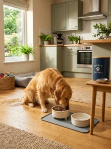 Healthy dog following a stable routine for sensitive stomach management.