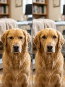 Subtle facial tension in a dog that may indicate pain.