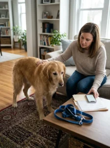 Dog owner contacting a veterinarian about mobility problems.
