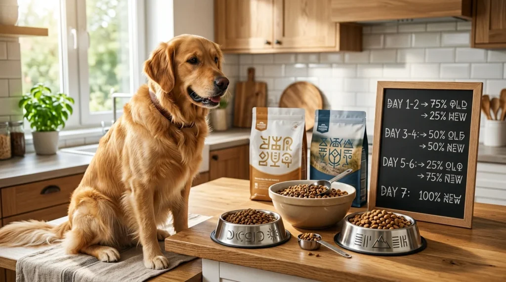 Golden Retriever beside old and new dog food during a gradual food transition.
