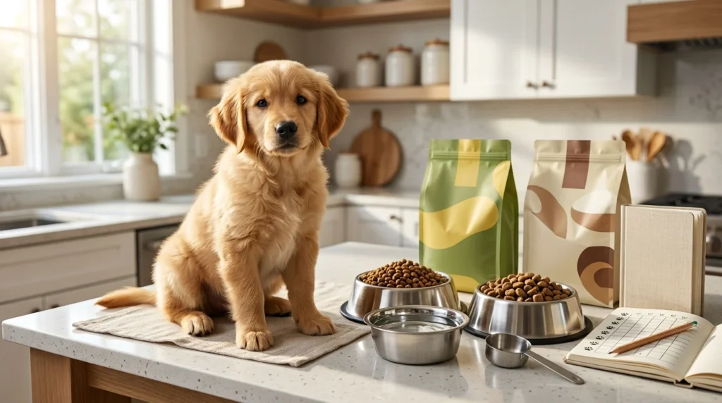 Golden Retriever puppy beside puppy and adult dog food during a food transition.
