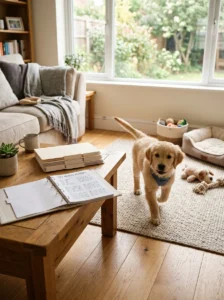 Golden Retriever puppy completing its early health and care routine.