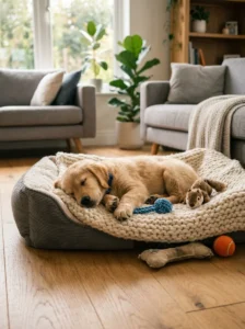 Golden Retriever puppy sleeping after active play.