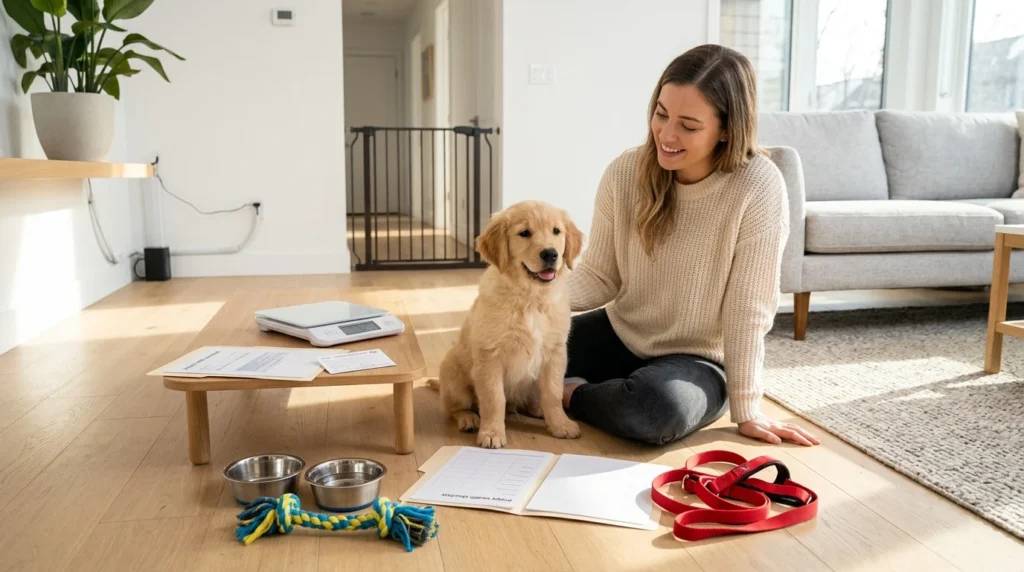 Golden Retriever puppy with essential health and care supplies.
