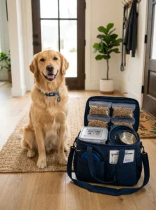 Preparing food and supplies for traveling with a sensitive-stomach dog.