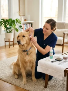Routine ear care helping prevent recurring ear infections in a dog.